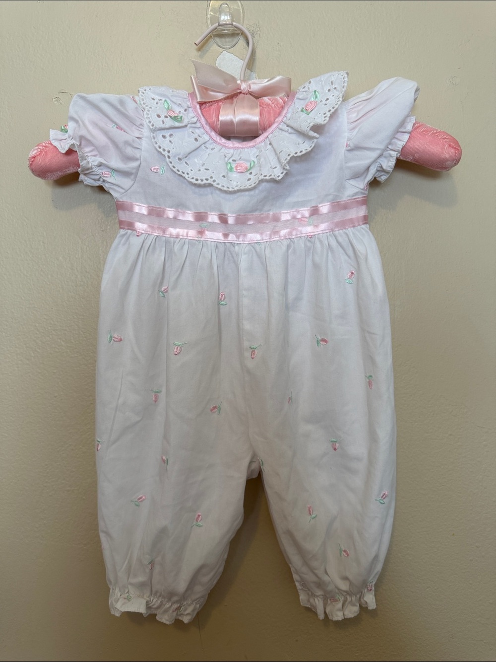 White and Pink Embroidered Baby One-Piece Romper